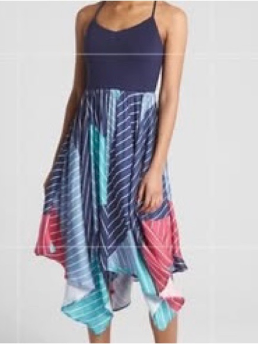 GAP Navy Spaghetti-Strap Dress with Multicolor Striped Handkerchief Hem